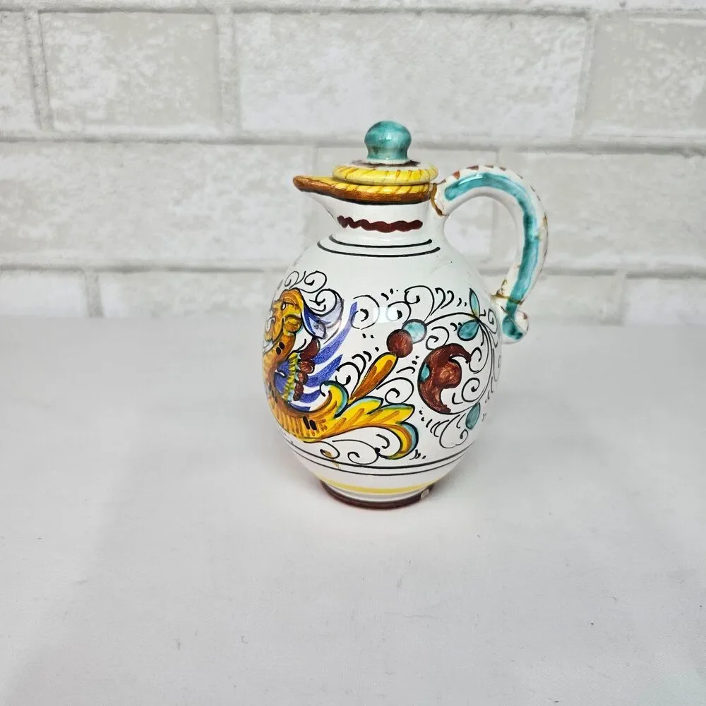 Deruta Italy Raffaellesco Majolica Ceramic Vinegar Cruet Hand Painted Vintage
